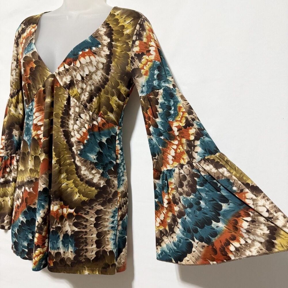 Boston Proper Top XXS Bell Sleeve V-Neck Abstract Feather Print Top 90s Y2K